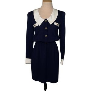 St. John Blue Knit Shift Dress White Trim Size 2